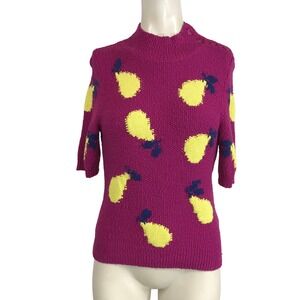 Maeve Pear Print Mock Neck Sweater X-Small Fuchsia Short Sleeve Knit Top